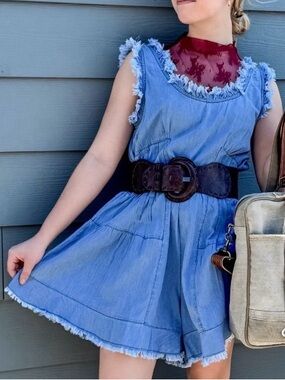 Light Blue Denim Romper with Fringe Trim